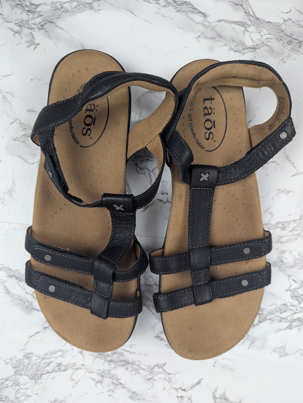 Taos Trophy 2 Black Leather Strappy Comfort Sandals Women's Size 7 - Picture 2 of 14
